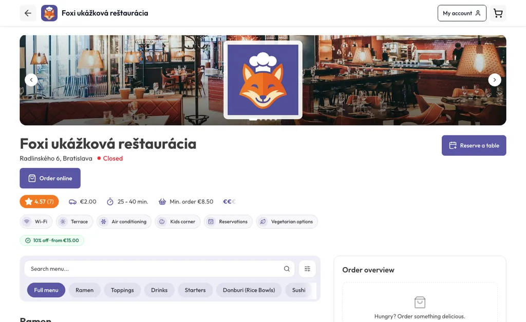Foxi.food ile hazırlanmış bir restoran web sitesinin masaüstü görünümü: kapak fotoğrafları, çalışma saatleri, Online sipariş ver düğmesi ve menü